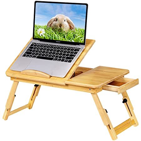 TAEERY 竹制可折叠可调高度带抽屉笔记本电脑桌