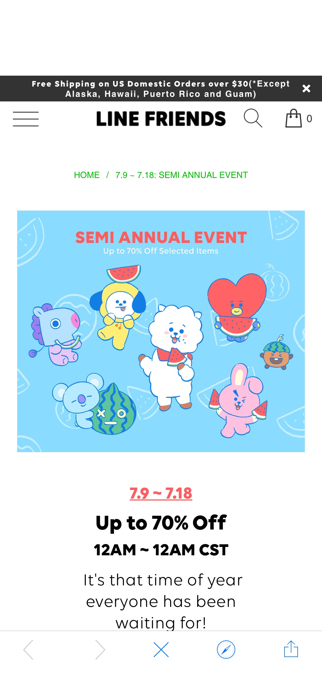 7.9 ~ 7.18: Semi Annual Event - LINE FRIENDS INC line熊打折啦，超好价