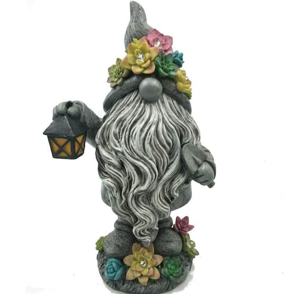 1-Light 13 in. Integrated LED Solar Powered Bearded Gnome with Succulents
