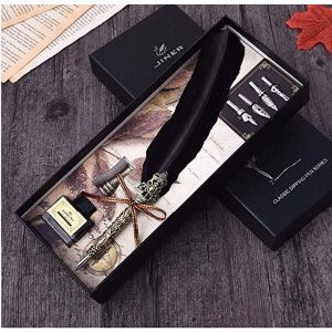 $8.38 Amazon.com : 古董羽毛蘸水笔套装 | 复古羽毛笔书法笔套装羽毛书写羽毛笔墨水蘸水笔最佳节日礼物(黑色)