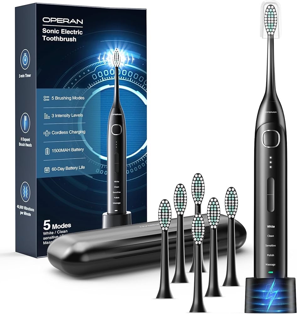Amazon.com: Operan Electric Toothbrush for Adults and Kids Rechargeable Sonic Toothbrush with 5 Modes 2-Min Smart Timer IPX7 Waterproof 40,000 VPM Motor with 8 Brush Heads & Travel Case (Black) : Heal