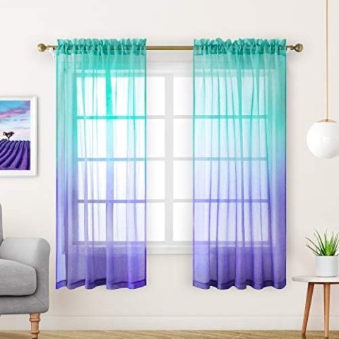 HOMEIDEAS 2 Panels Turquoise and Purple Sheer Curtains