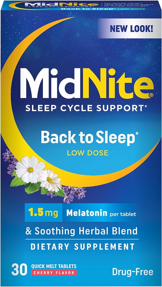 Amazon.com: MidNite 无药物助眠咀嚼片，樱桃味，30 片，褪黑激素和草本膳食补充剂