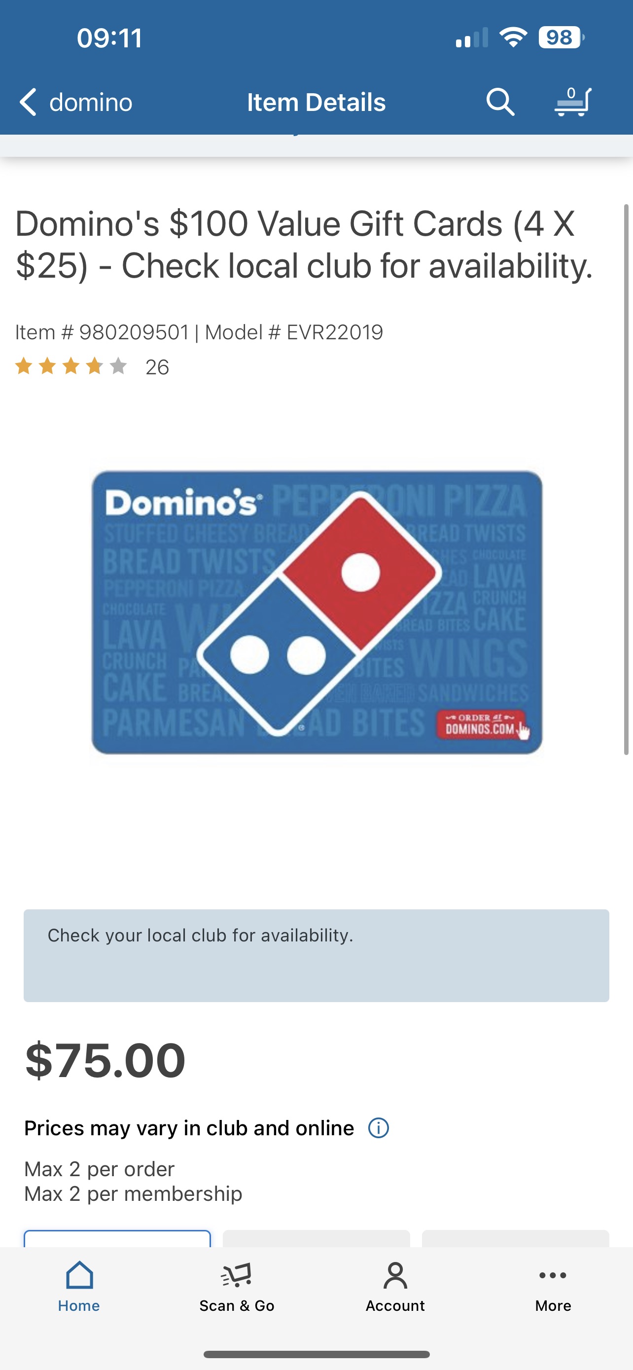 Domino's $100 Value Gift Cards (4 X $25) - Check local club for availability. - Sam's Club