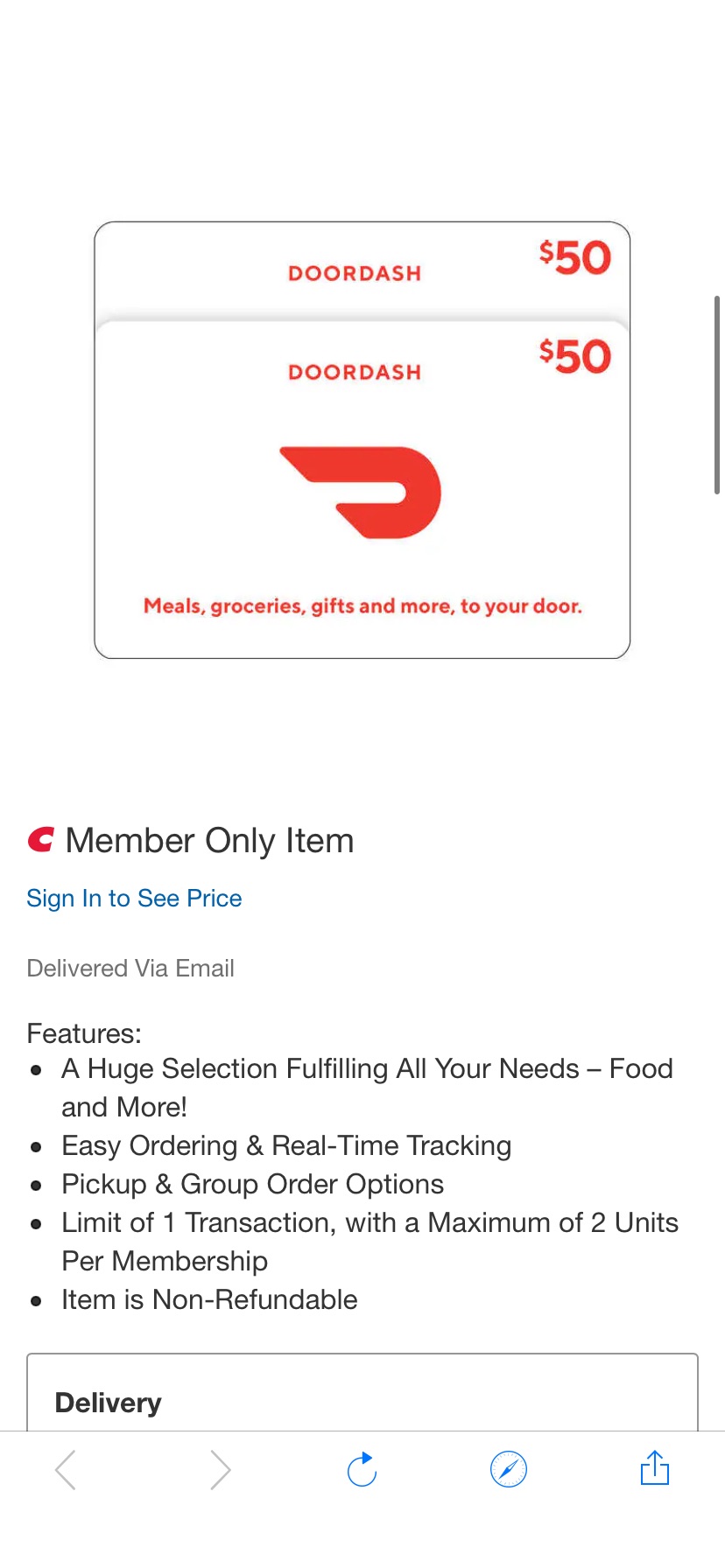 DoorDash Two $50 eGift Cards | Costco