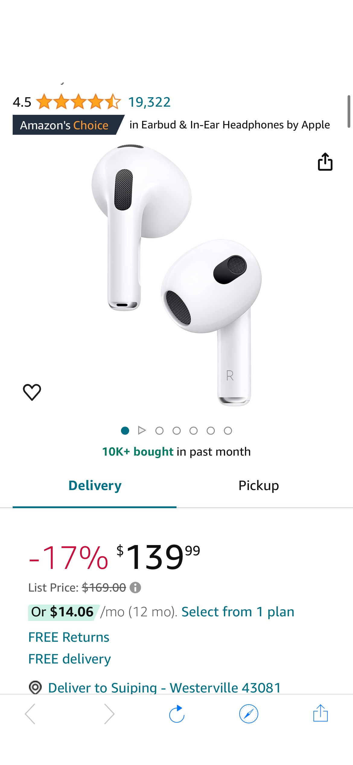 Amazon.com: Apple AirPods (3rd Generation) Wireless Ear Buds, Bluetooth Headphones, Personalized Spatial Audio, Sweat and Water Resistant, Lightning Charging Case Included, Up to 30 Hours of Battery L