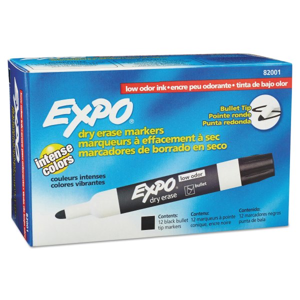 Expo Low Odor Dry Erase Marker, Bullet Tip, Black, 12 Count