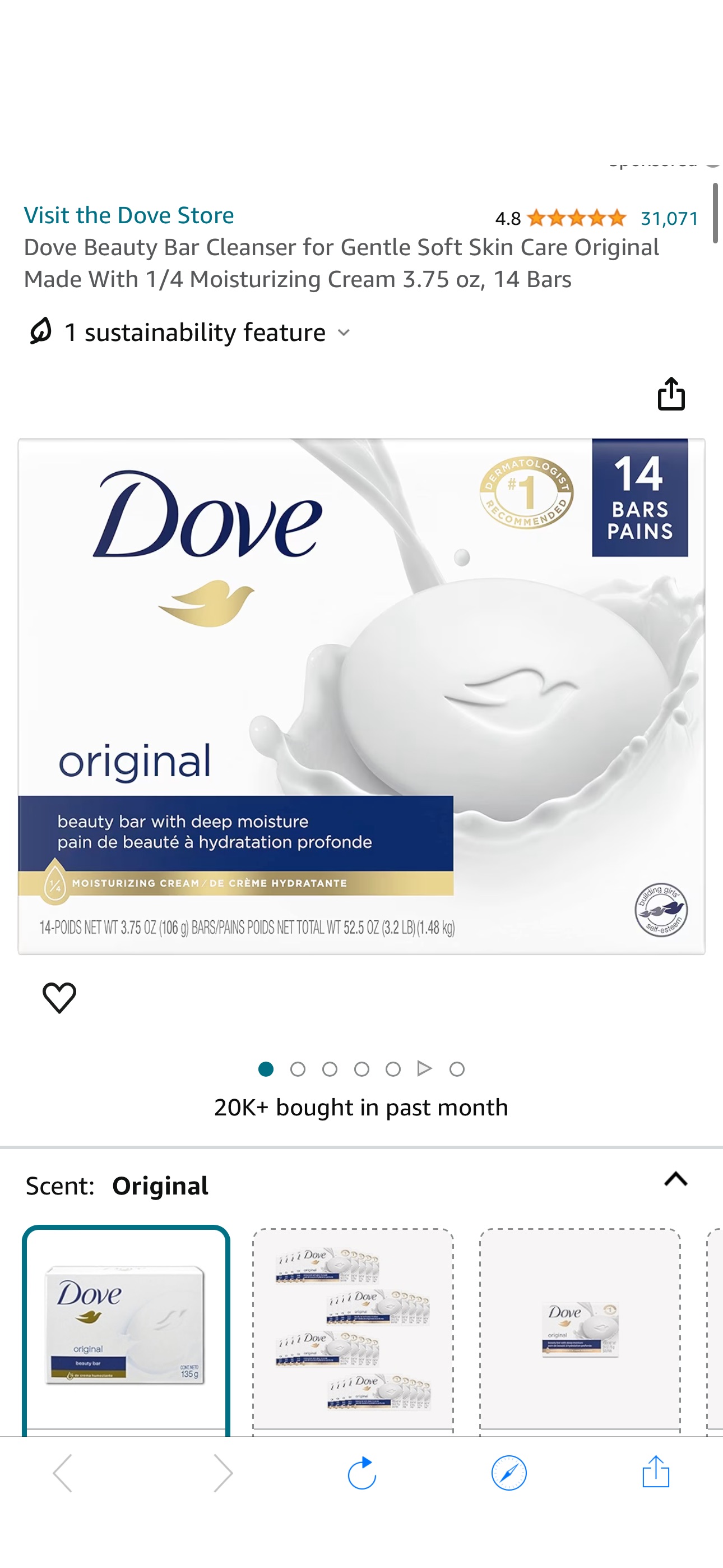 Amazon.com : Dove Beauty Bar Cleanser for Gentle Soft Skin Care Original Made With 1/4 Moisturizing Cream 3.75 oz, 14 Bars : Health & Household