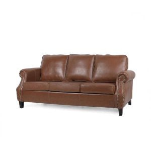 Noble House Amedou 80 in. Rolled Arm 3-Seater Removable Covers Sofa in Cognac Brown