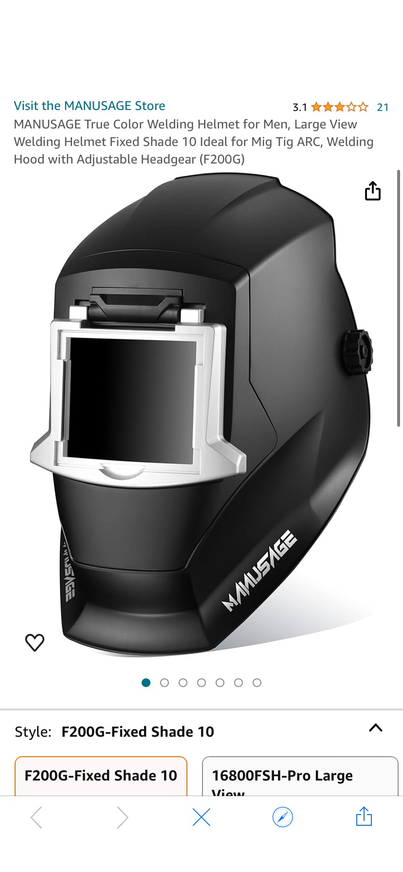MANUSAGE True Color Welding Helmet for Men, Large View Welding Helmet Fixed Shade 10 Ideal for Mig Tig ARC, Welding Hood with Adjustable Headgear (F200G) - Amazon.com