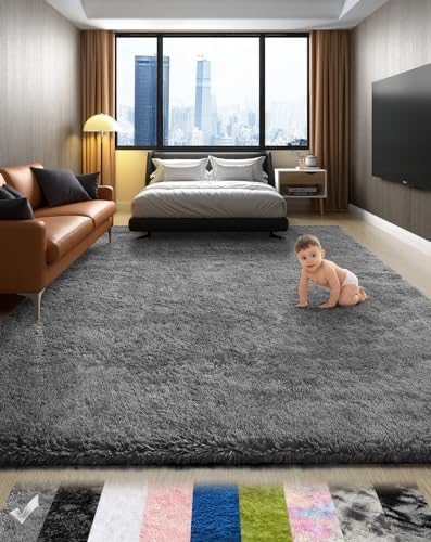 Ophanie 4x6 Grey Fluffy Fuzzy Shag Shaggy Carpet Soft Plush Furry Bedside Rug, Indoor Floor Rug for Kids