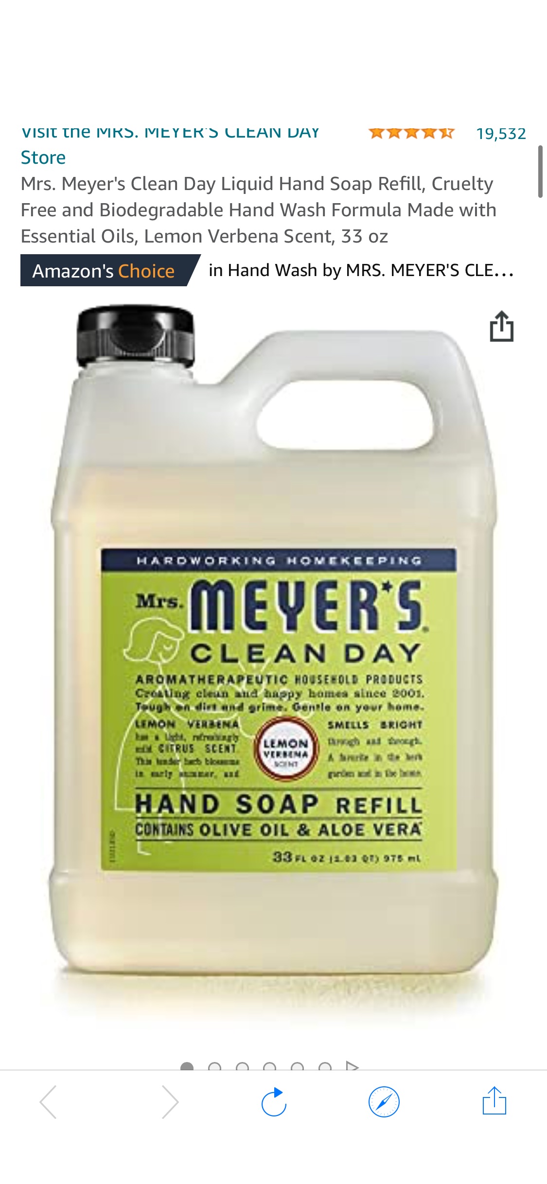 Mrs. Meyer's Clean Day 液体洗手液补充装，无残忍和可生物降解的洗手配方，由精油制成，柠檬马鞭草香味，33 盎司，点击订阅保存