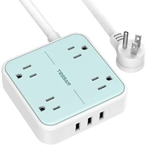 Power Strip with USB, TESSAN Mountable Extension Cord Flat Plug with 4 Widely Spaced Outlets