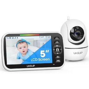 UKSUP 婴儿监控器 - 5 英寸显示屏视频，2 倍变焦，自动夜视，960 英尺范围