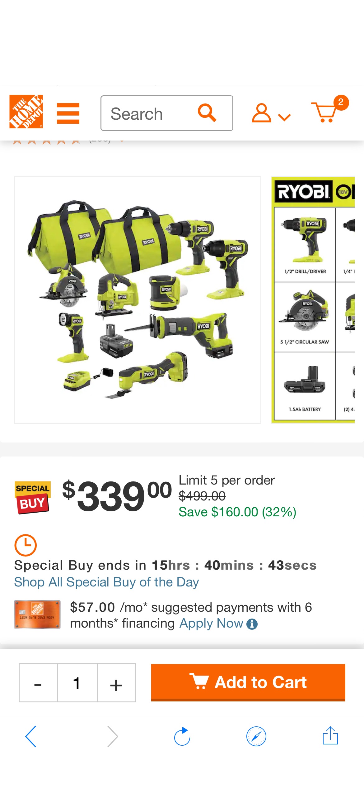 RYOBI ONE+ 18V 8件套 with (1) 1.5 Ah Battery and (2) 4.0 Ah Batteries and Charger