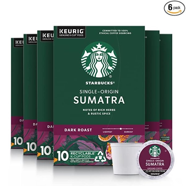 K-Cup Coffee Pods—Dark Roast Coffee—Sumatra—100% Arabica—6 boxes (60 pods total)