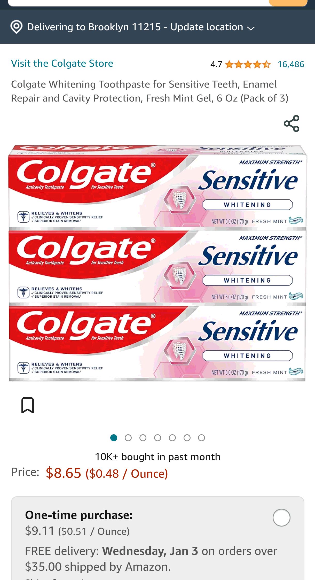 Amazon.com : Colgate Whitening Toothpaste for Sensitive Teeth, Enamel Repair and Cavity Protection, Fresh Mint Gel, 6 Oz (Pack of 3) : Health & Household