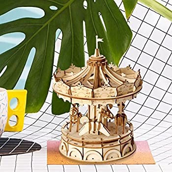 ROBOTIME DIY Wood Craft Kits Assemble Puzzle Toy Unfinished Wood Arts Projects Best Birthday Gifts for Girls and Women(Merry-Go-Round) : 旋轉木馬