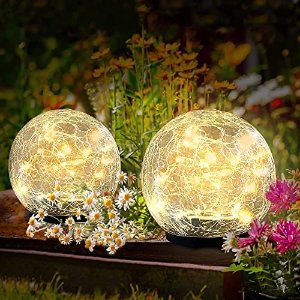 Weukum Solar Powered LED Garden Light Cracked Glass Globe Ball Outdoor Lamp 3.94in