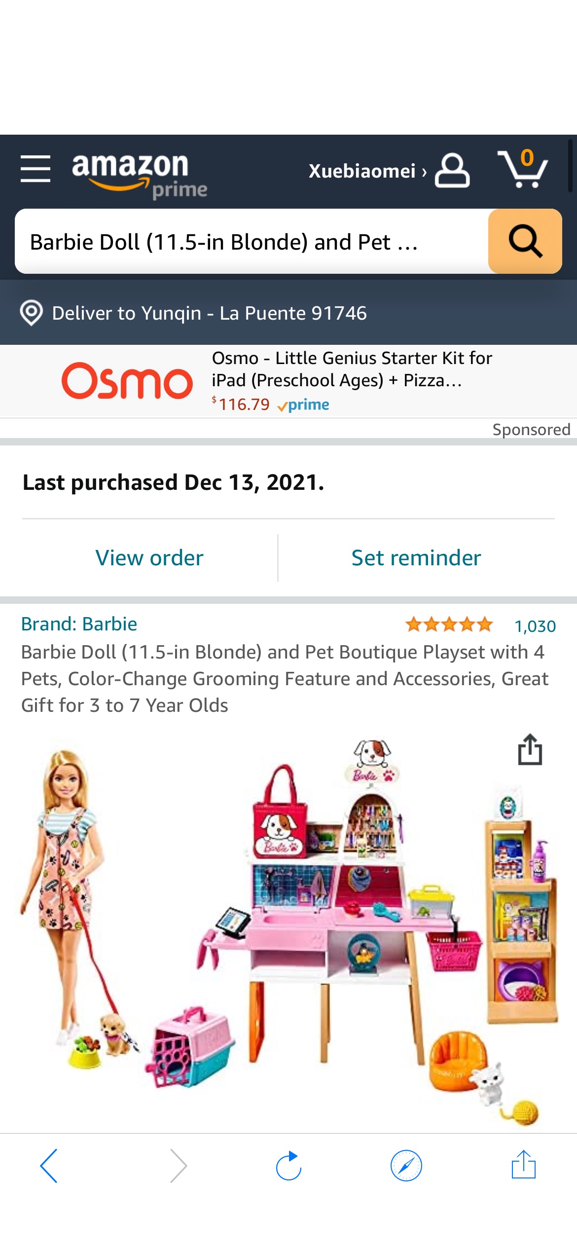 芭比娃娃和宠物套装
Barbie Doll (11.5-in Blonde) and Pet Boutique Playset with 4 Pets, Color-Change Grooming Feature and Accessories, Great Gift for 3 to 7 Year Olds
