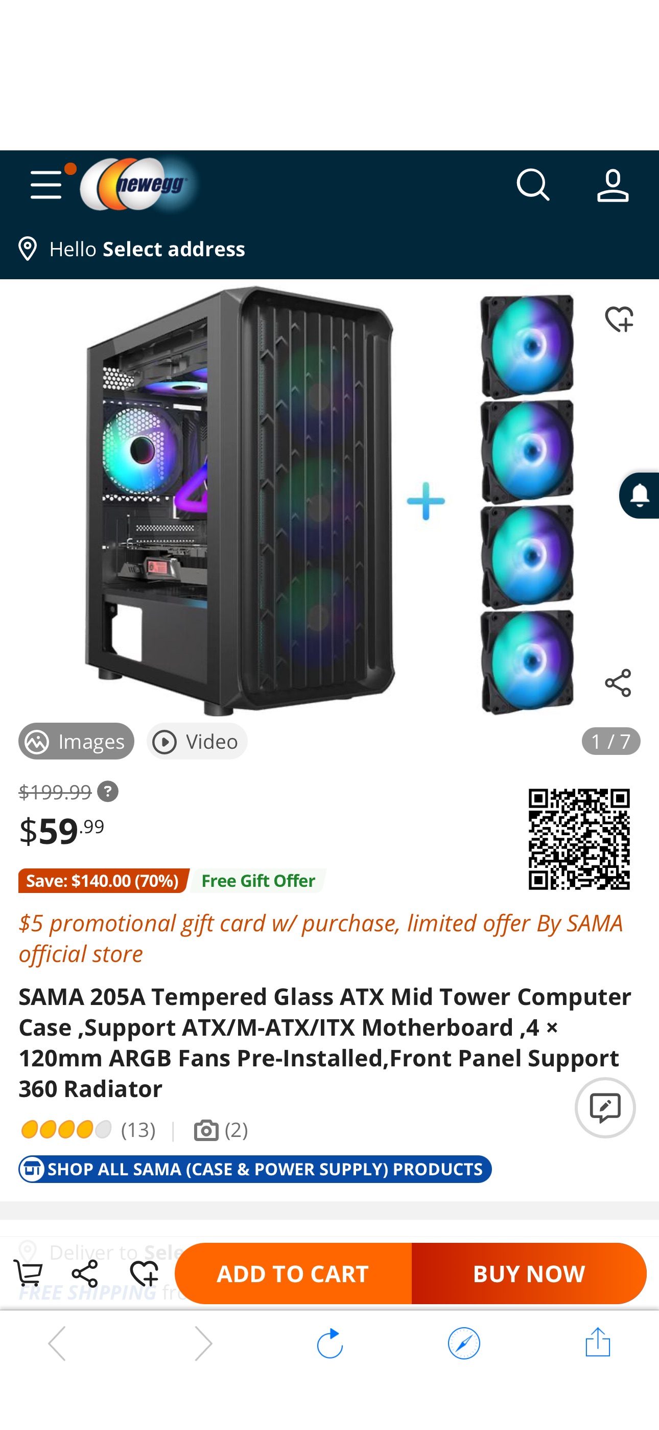 SAMA 205A Tempered Glass ATX Mid Tower Computer Case ,Support ATX/M-ATX/ITX Motherboard ,4 × 120mm ARGB Fans Pre-Installed,Front Panel Support 360 Radiator - Newegg.com