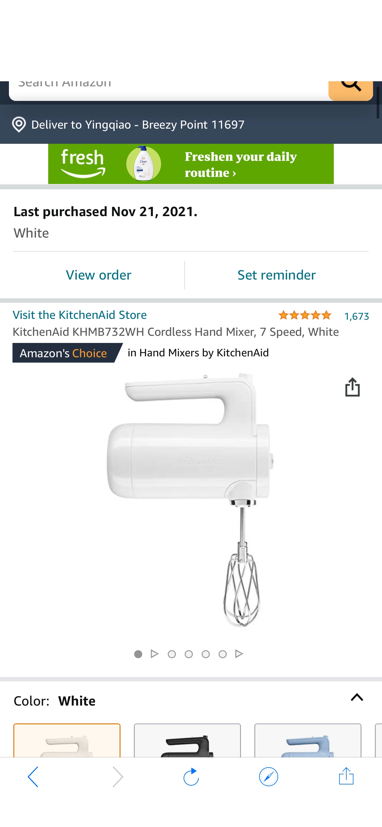 Amazon.com: KitchenAid KHMB732WH Cordless Hand Mixer, 7 Speed, White: Home & Kitchen手持搅拌机