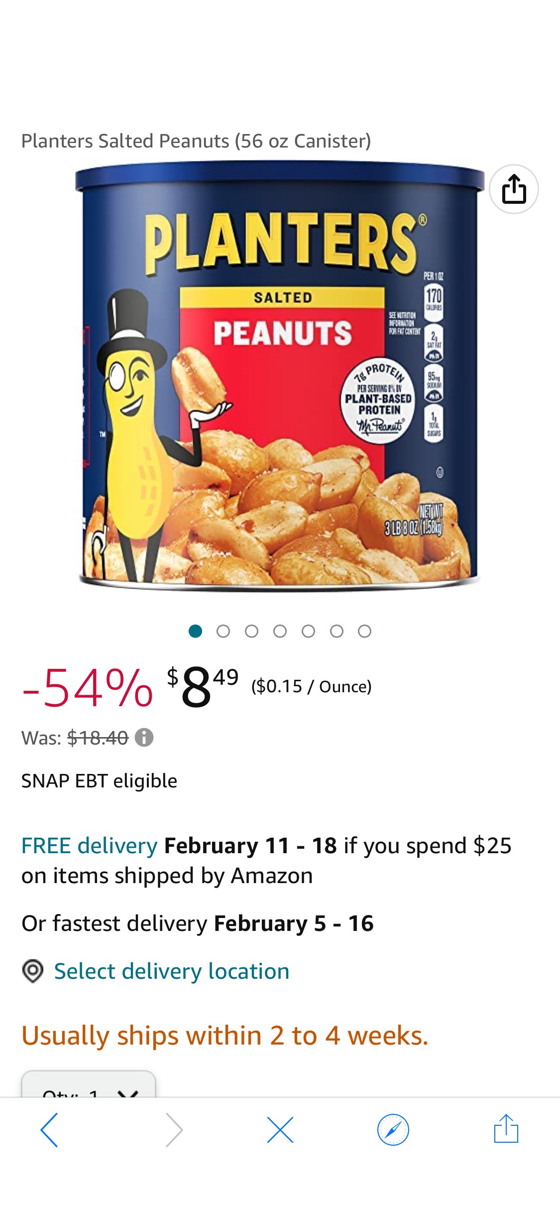Amazon.com : Planters Salted Peanuts (56 oz Canister) : Grocery & Gourmet Food