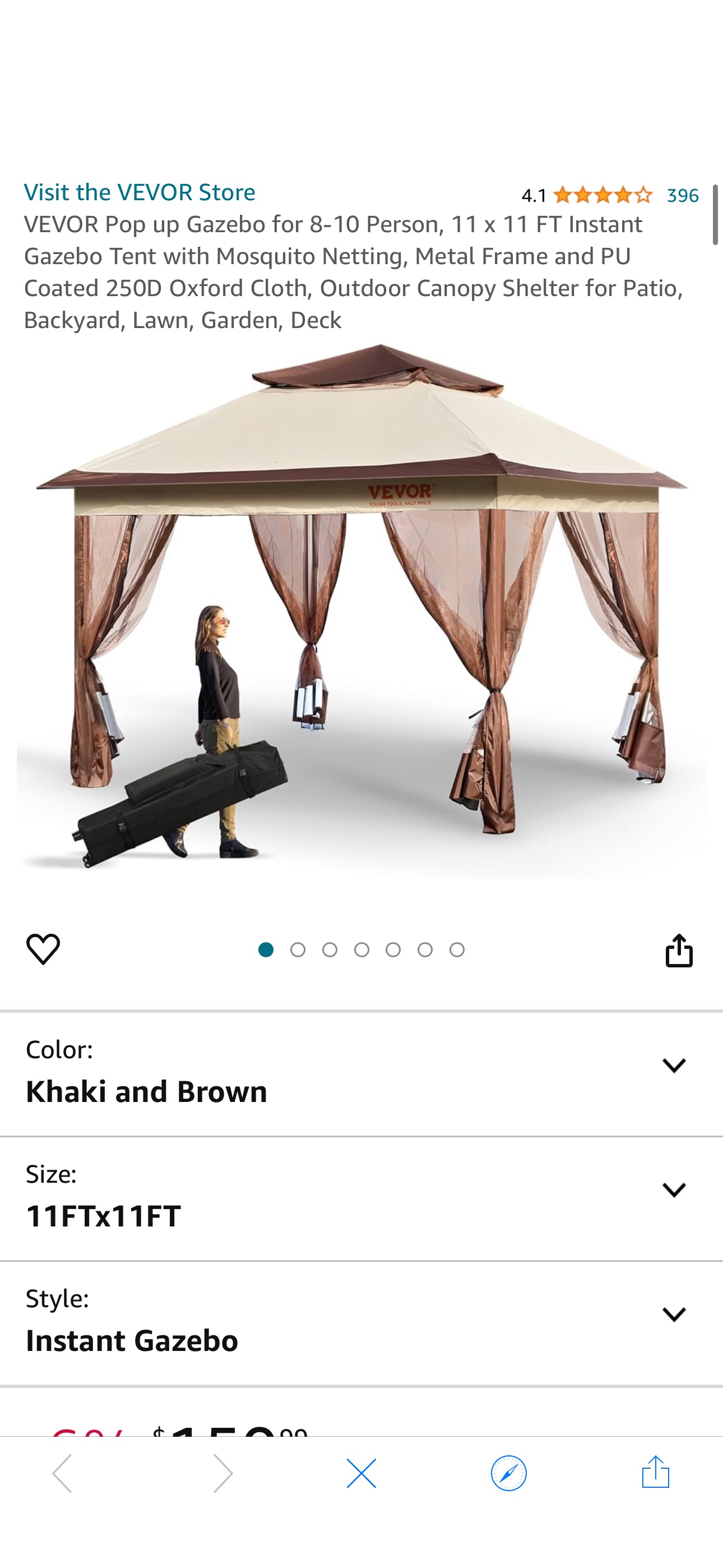Amazon.com: VEVOR Pop up Gazebo for 8-10 Person, 11 x 11 FT Instant Gazebo Tent with Mosquito Netting 95.99 after code 40KMVHF9