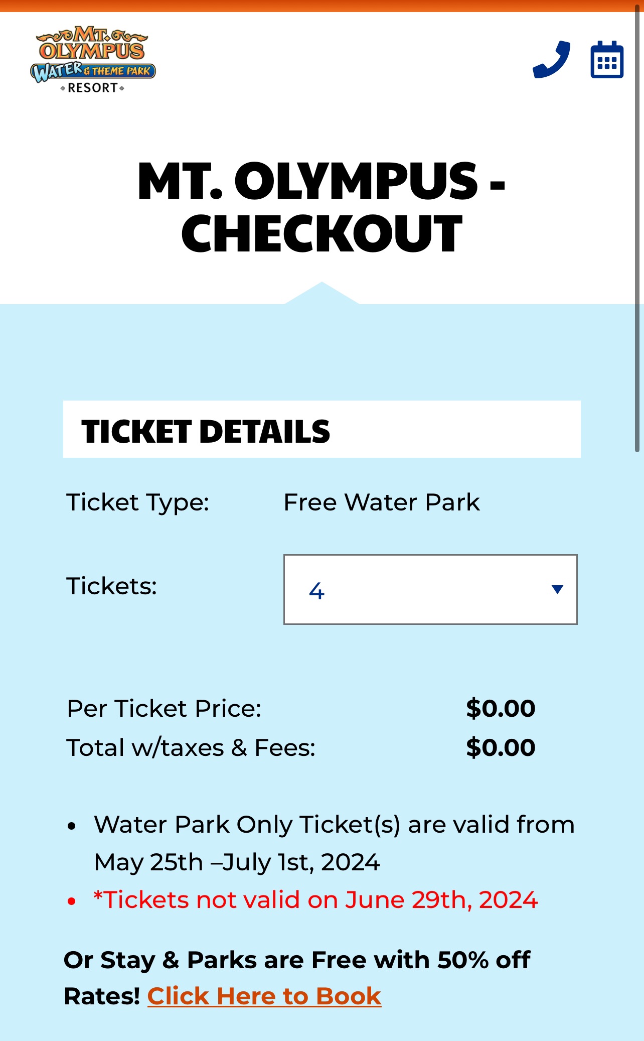 Mt Olympus Outdoor Water Park 免费 ticket 4张