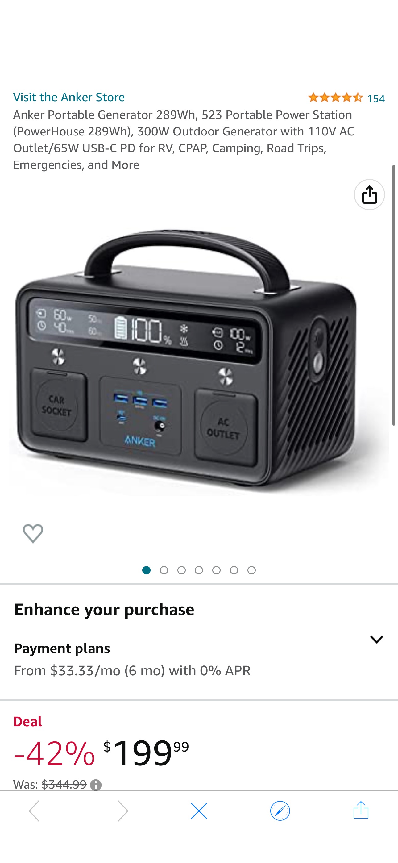 Amazon.com: Anker Portable Generator 289Wh, 523 Portable Power Station (PowerHouse 289Wh), 300W Outdoor Generator with 110V AC Outlet/65W USB-C PD for RV, CPAP, Camping, Road Trips,