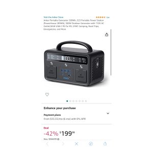 $199.99 Amazon.com: Anker Portable Generator 289Wh, 523 Portable Power Station (PowerHouse 289Wh), 300W Outdoor Generator with 110V AC Outlet/65W USB-C PD for RV, CPAP, Camping, Road Trips,