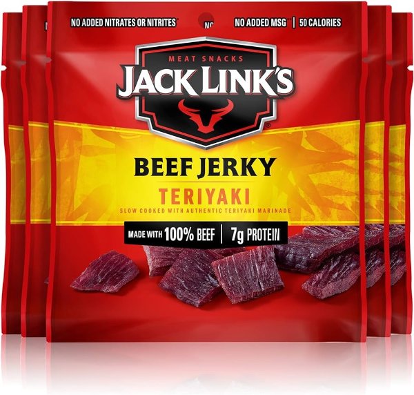 Jack Link's Beef Jerky, Teriyaki - Flavorful Meat Snack for Lunches 0.625 Oz Bags (Pack of 5)