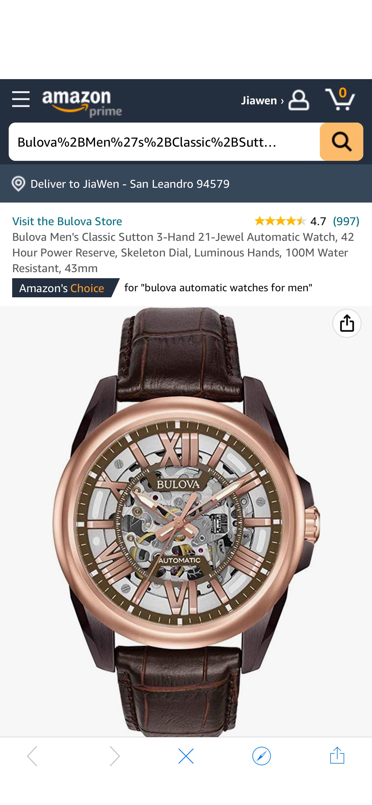 Amazon.com: Bulova Men's Classic Sutton 3-Hand 21-Jewel Automatic Watch, 42 Hour Power Reserve, Skeleton Dial, Luminous Hands, 100M Water Resistant, 43mm