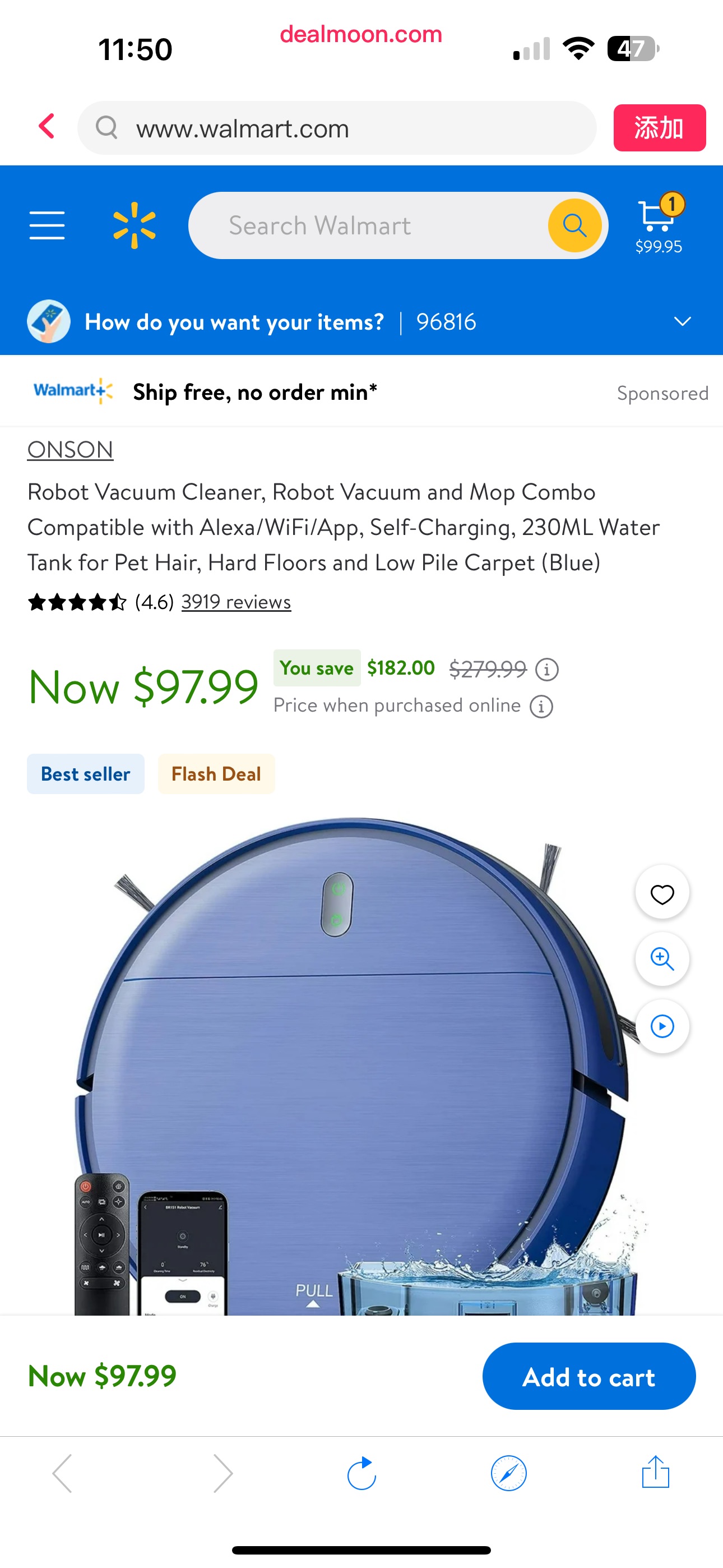 Robot Vacuum Cleaner, Robot Vacuum and Mop Combo Compatible with Alexa/WiFi/App, Self-Charging, 230ML Water Tank for Pet Hair, Hard Floors and Low Pile Carpet (Blue) - Walmart.com智能扫地擦地机器人