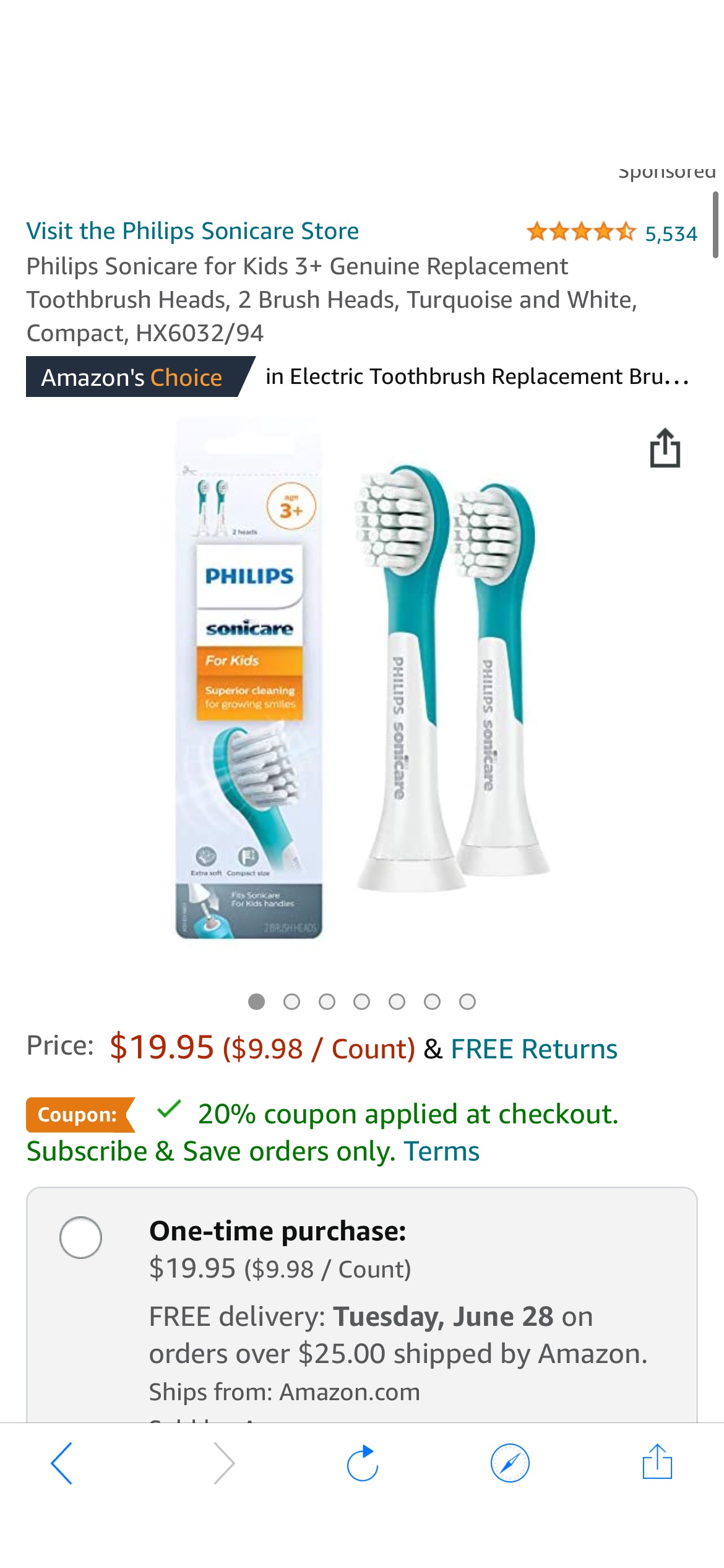 Amazon.com : Philips Sonicare for Kids 3+ Genuine Replacement Toothbrush Heads, 2 Brush Heads, Turquoise and White, Compact, HX6032/94 : Health & Household 牙刷头20%off