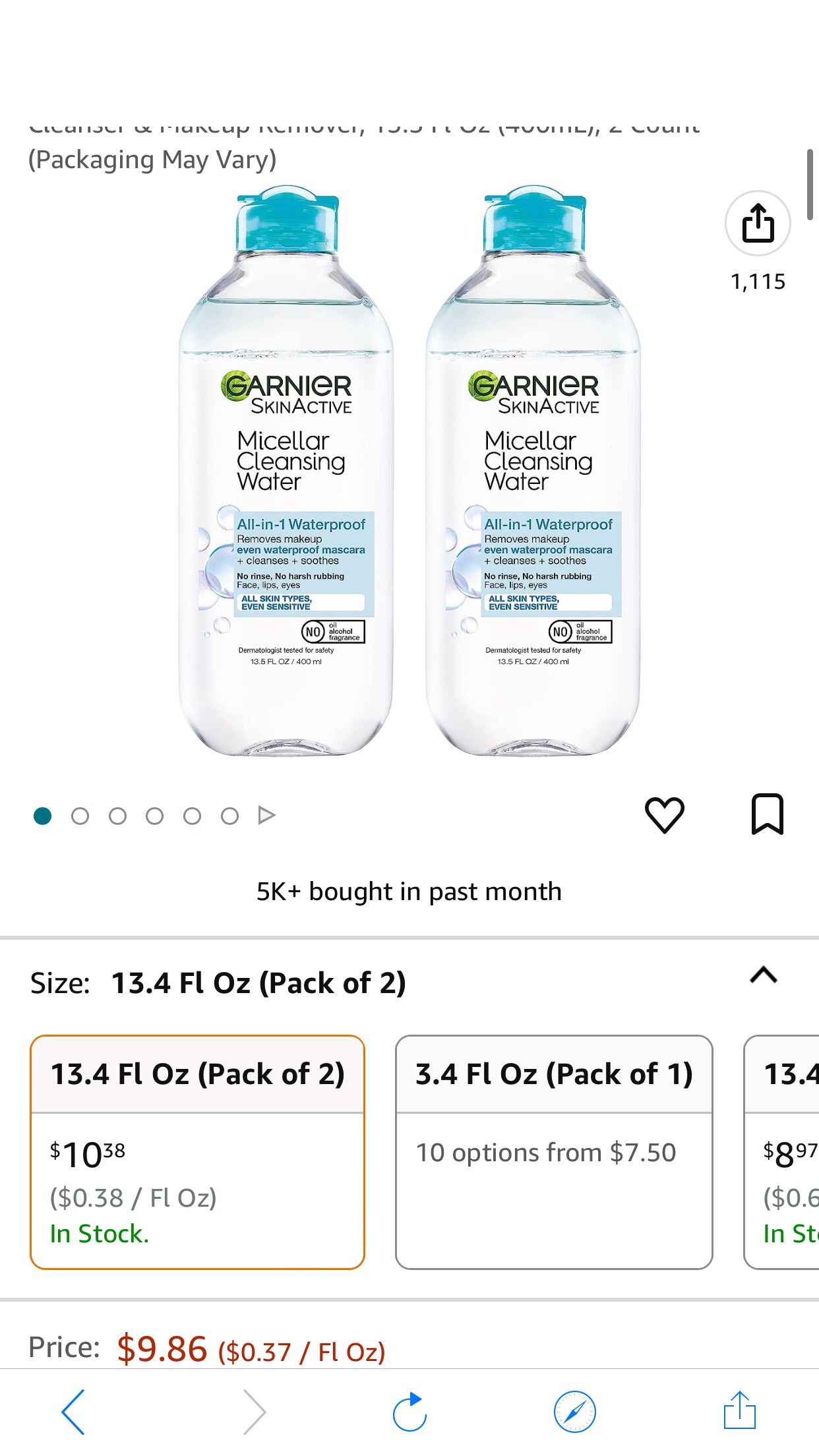Amazon.com: Garnier SkinActive Micellar Water For Waterproof Makeup, Facial Cleanser & Makeup Remover, 13.5 Fl Oz (400mL), 2 Count (Packaging May Vary) : Beauty & Personal Care