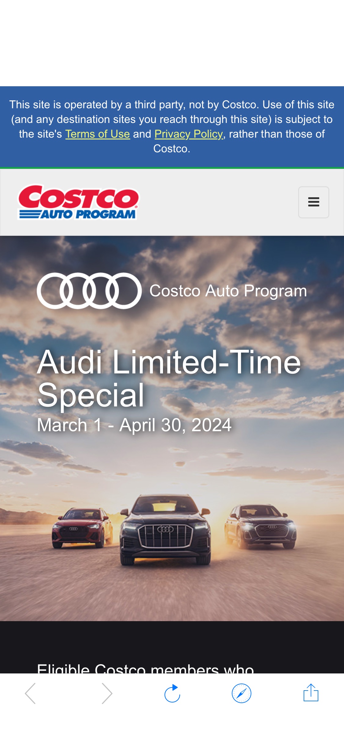 Save an extra $1500-3,000 on certain Audi models (valid through 04/30/24), includes E-Tron models