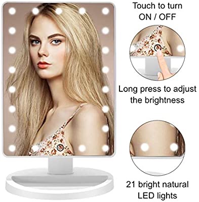 COSMIRROR Lighted Makeup Vanity Mirror with 10X Magnifying Mirror, 21 LED Lighted Mirror with Touch Sensor Dimming, 180°Adjustable Rotation, Dual Power Supply LED可调节亮度可放大触屏化妆镜