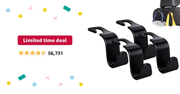 Limited-time deal: Amooca Car Seat Headrest Hook 4 Pack Hanger Storage Organizer Universal for Handbag Purse Coat fit Universal Vehicle Car Black S Type 五折