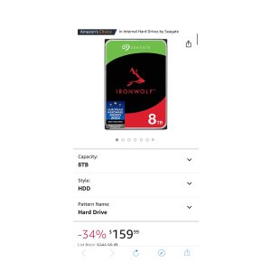 $159.99 Amazon.com: Seagate IronWolf 8TB NAS 硬盘