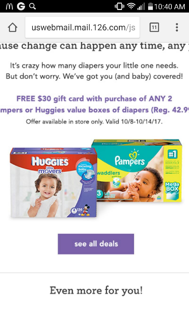 两盒42.99以上的huggies或pampers diaper