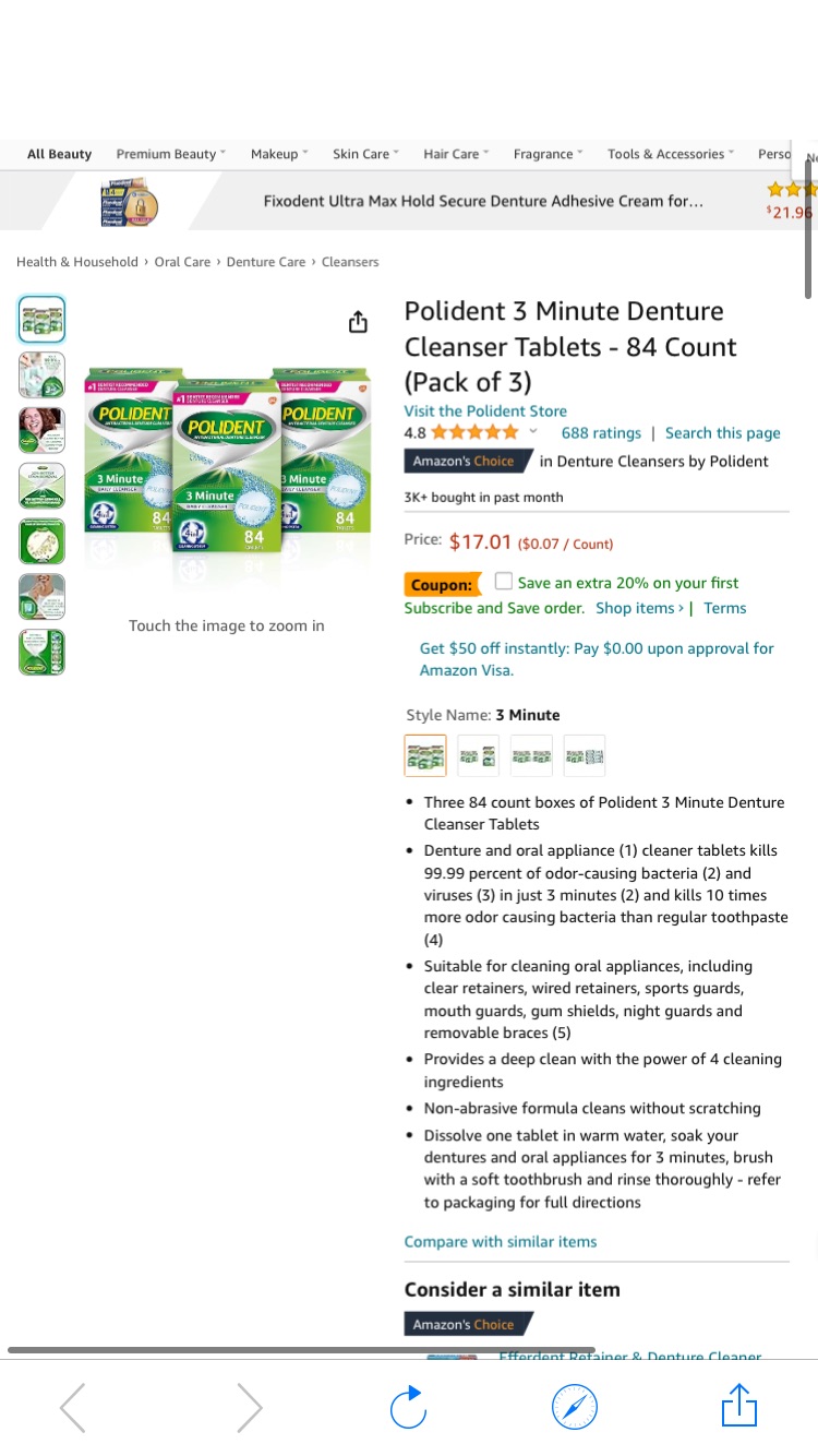 Amazon.com : Polident 3 Minute Denture Cleanser Tablets - 牙套清洁泡腾片，隐适美矫正必备，252片，每盒84片 (共3盒)，平均每盒4.5刀