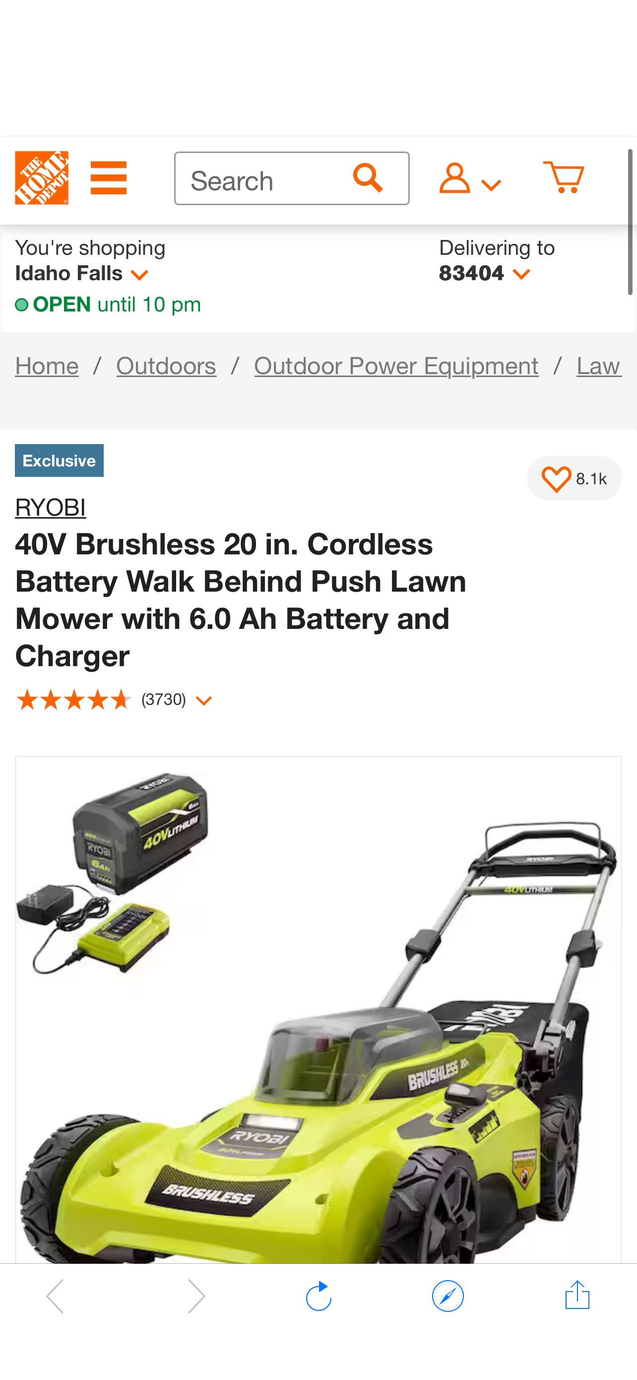 RYOBI 40V Brushless 20 in. Cordless Battery Walk Behind Push Lawn Mower with 6.0 Ah Battery and Charger RY401110-Y - The Home Depot