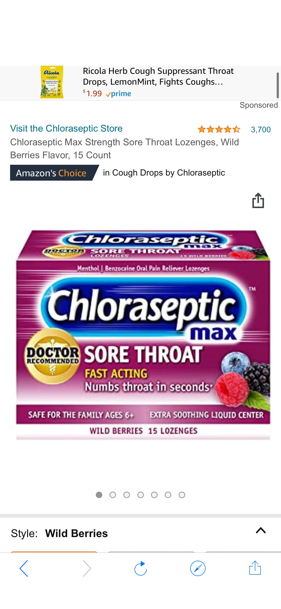 新冠必备Chloraseptic Max Strength Sore Throat Lozenges, Wild Berries Flavor, 15 Count 喉糖