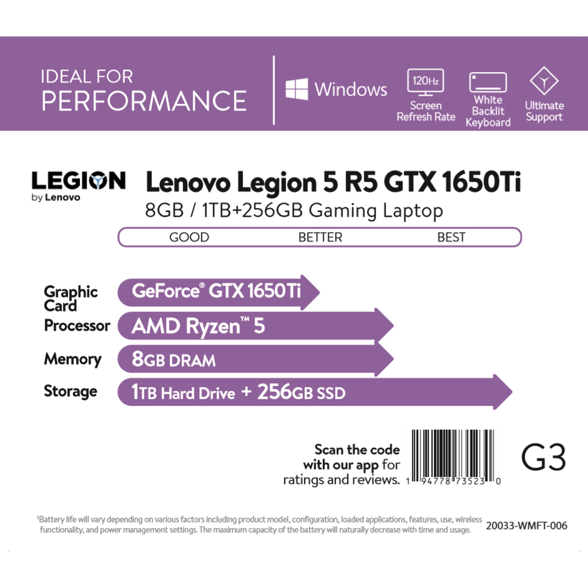 联想 Legion 5 AMD Ryzen R5 4600 GTX 1650Ti 8GB/256GB+1TB Walmart线下$499