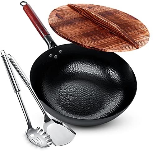Homeries Carbon Steel Wok Pan, Stir Fry Wok Set with Wooden Lid and Spatulas