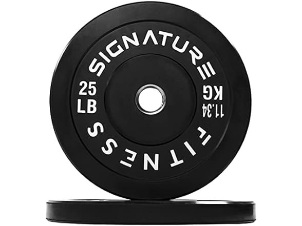 Signature Fitness 2" Olympic Bumper Plate Weight Plates with Steel Hub, 25LB, Pair