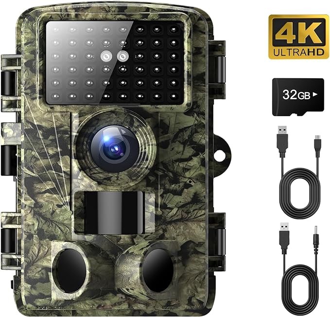 Amazon.com: Dargahou 追踪相机 - 4K 48MP 游戏相机，带夜视功能，0.05 秒触发运动激活狩猎相机，IP66 防水，130 广角，带 46 个无辉光红外 LED，适用于户外野生动物：