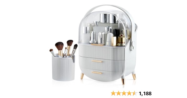 CANITORON Makeup Storage Organizer，Clear Cover Cosmetic Display Case with Two Tier Storage Box and Brush Storage Box, SkinCare Organizers for Bathroom Countertop,Bedroom Vanity Desk and T2-White