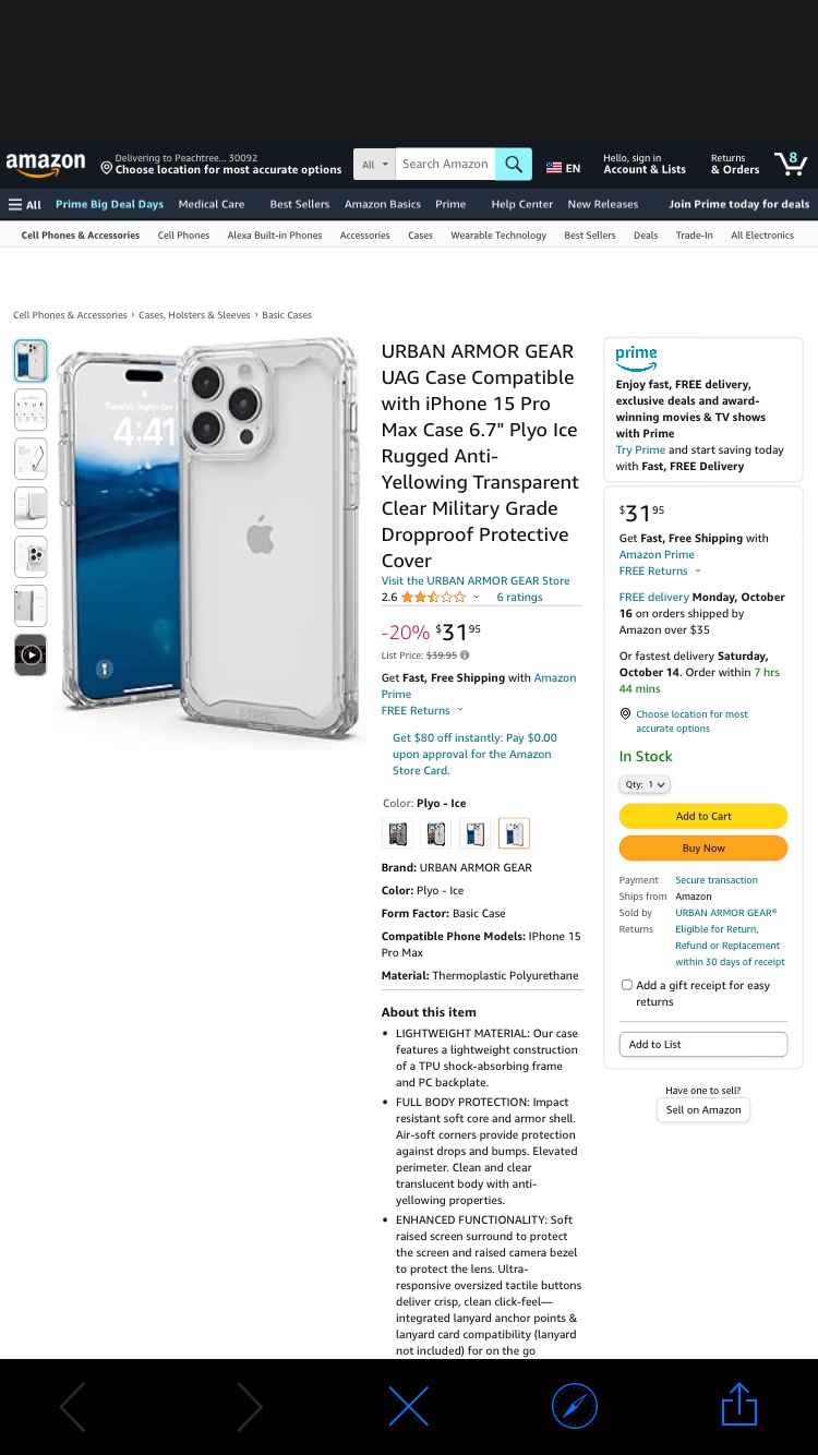 Amazon.com：URBAN ARMOR GEAR UAG保护壳兼容iPhone 15 Pro Max保护壳6.7英寸Plyo Ice Rugged防黄变透明透明军用级防跌落保护套：手机和配件